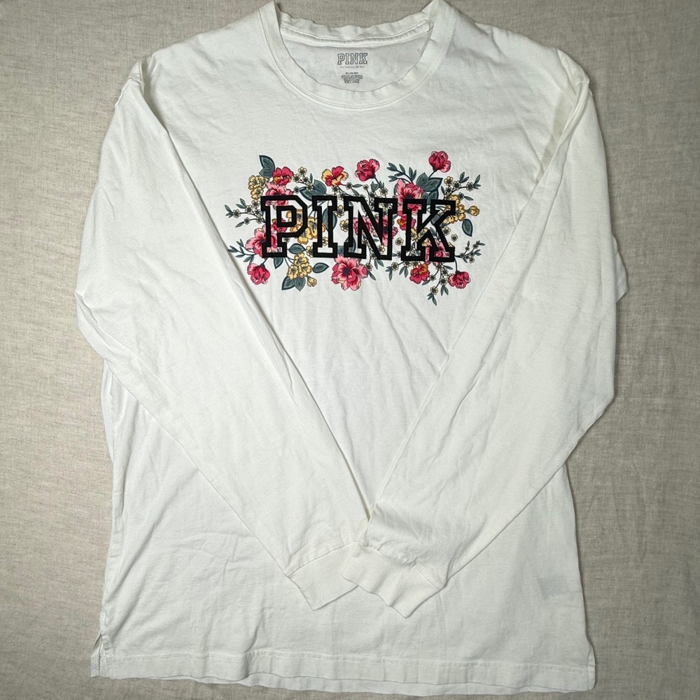 PINK Victoria's Secret Long Sleeve Tee Womens M Cream Floral Graphic NWT